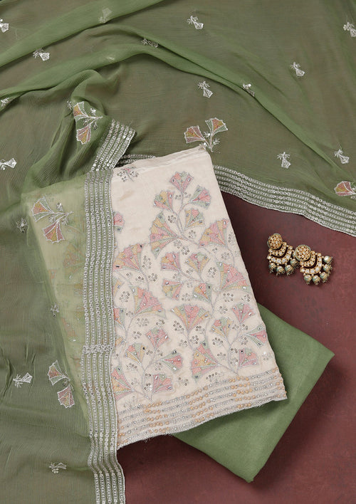 Beige Zariwork (Silver) Organza Unstitched Salwar Suit