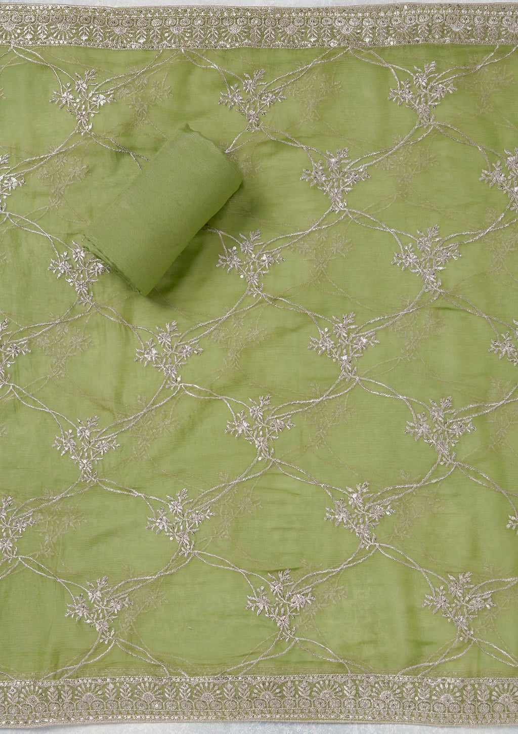 Parrot Green Zariwork (Gold) Chinon Unstitched Salwar Suit