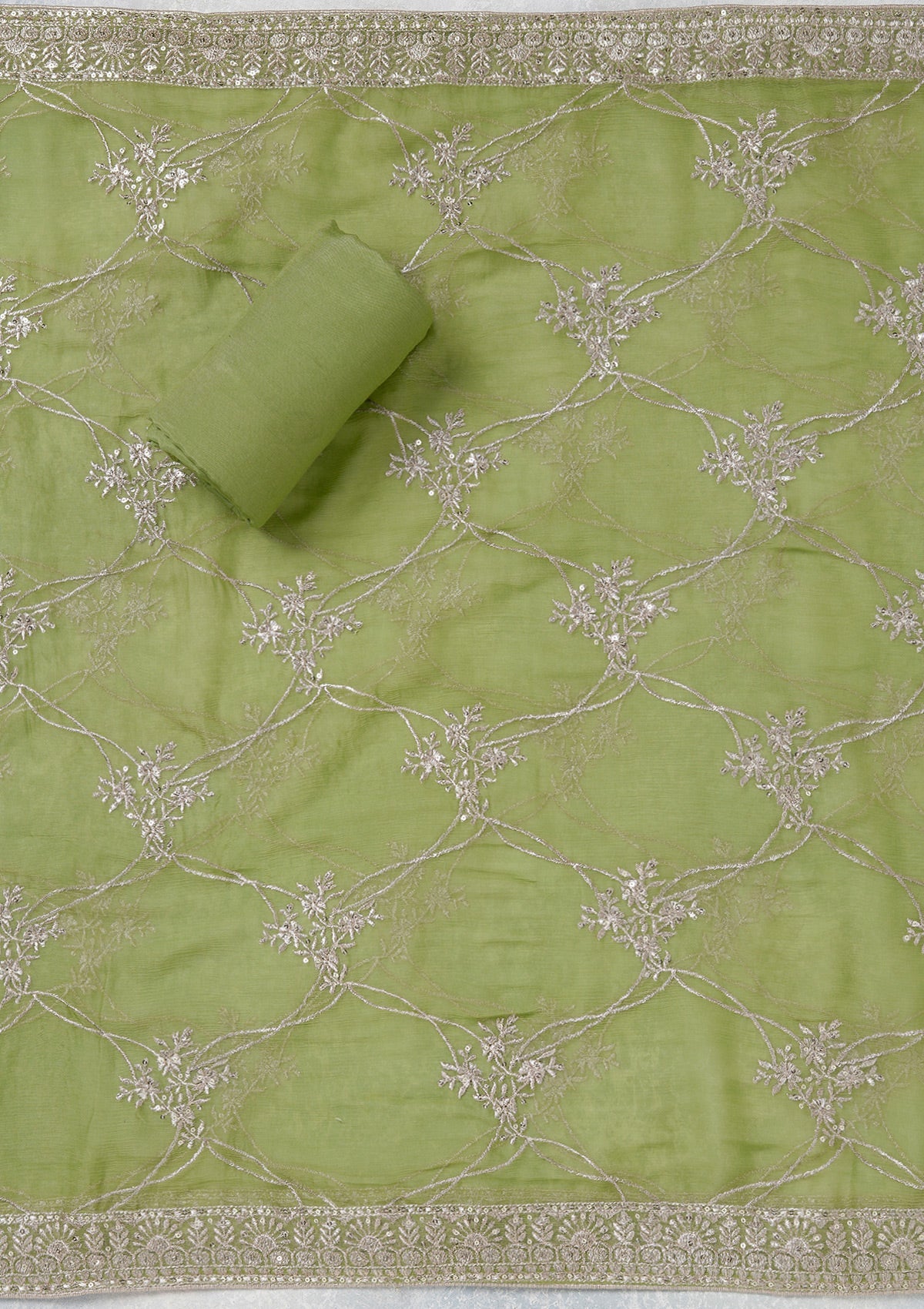 Parrot Green Zariwork (Gold) Chinon Unstitched Salwar Suit