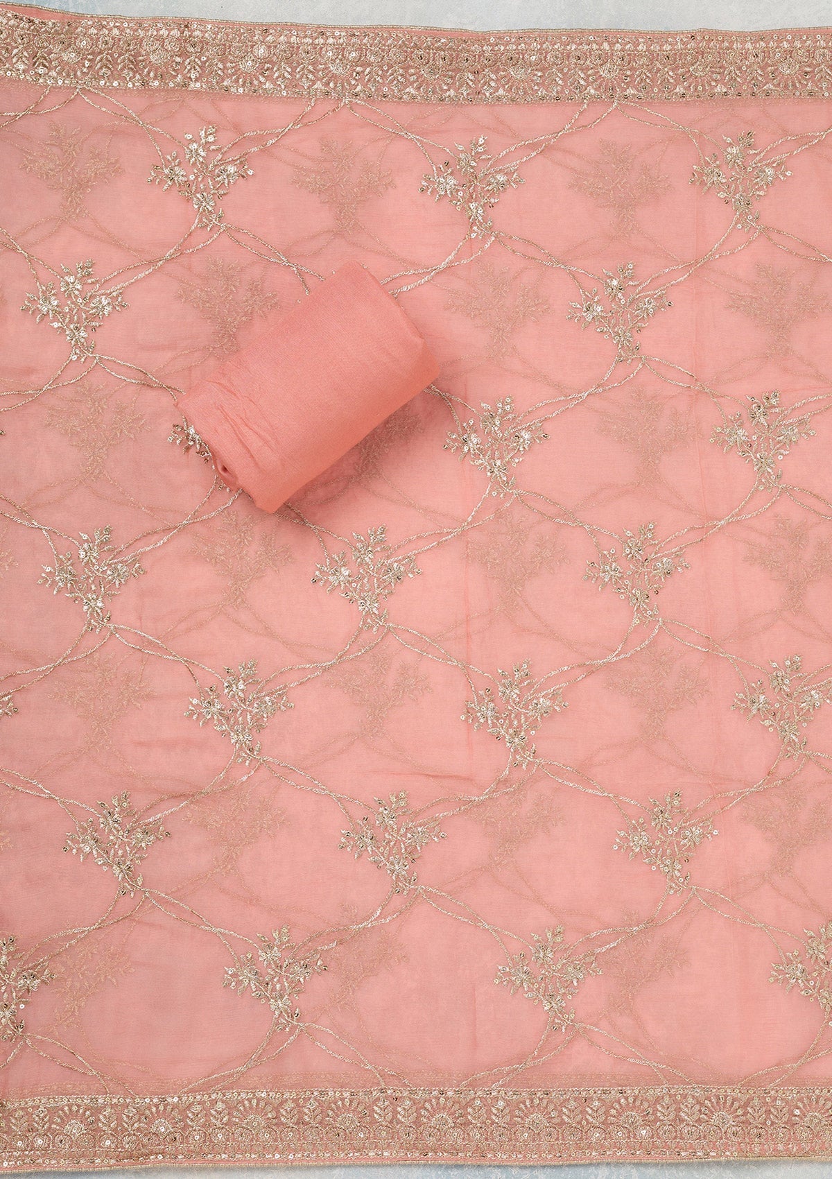 Peach Zariwork (Gold) Chinon Unstitched Salwar Suit