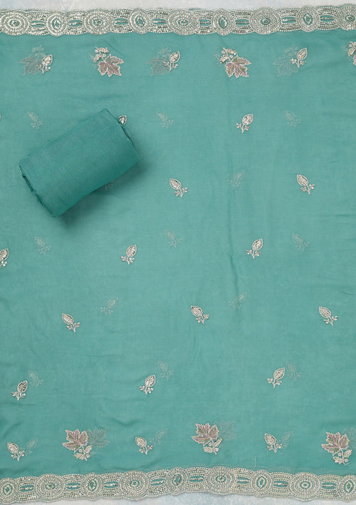Blue Mirrorwork Organza Unstitched Salwar Suit