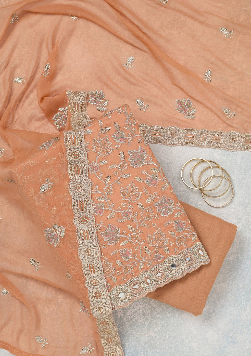 Light Brown Mirrorwork Organza Unstitched Salwar Suit
