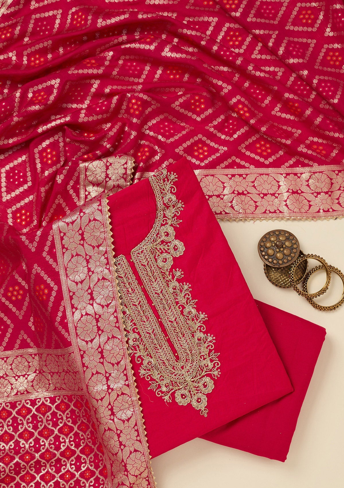 Rani Pink Zariwork (Gold) Chanderi Unstitched Salwar Suit