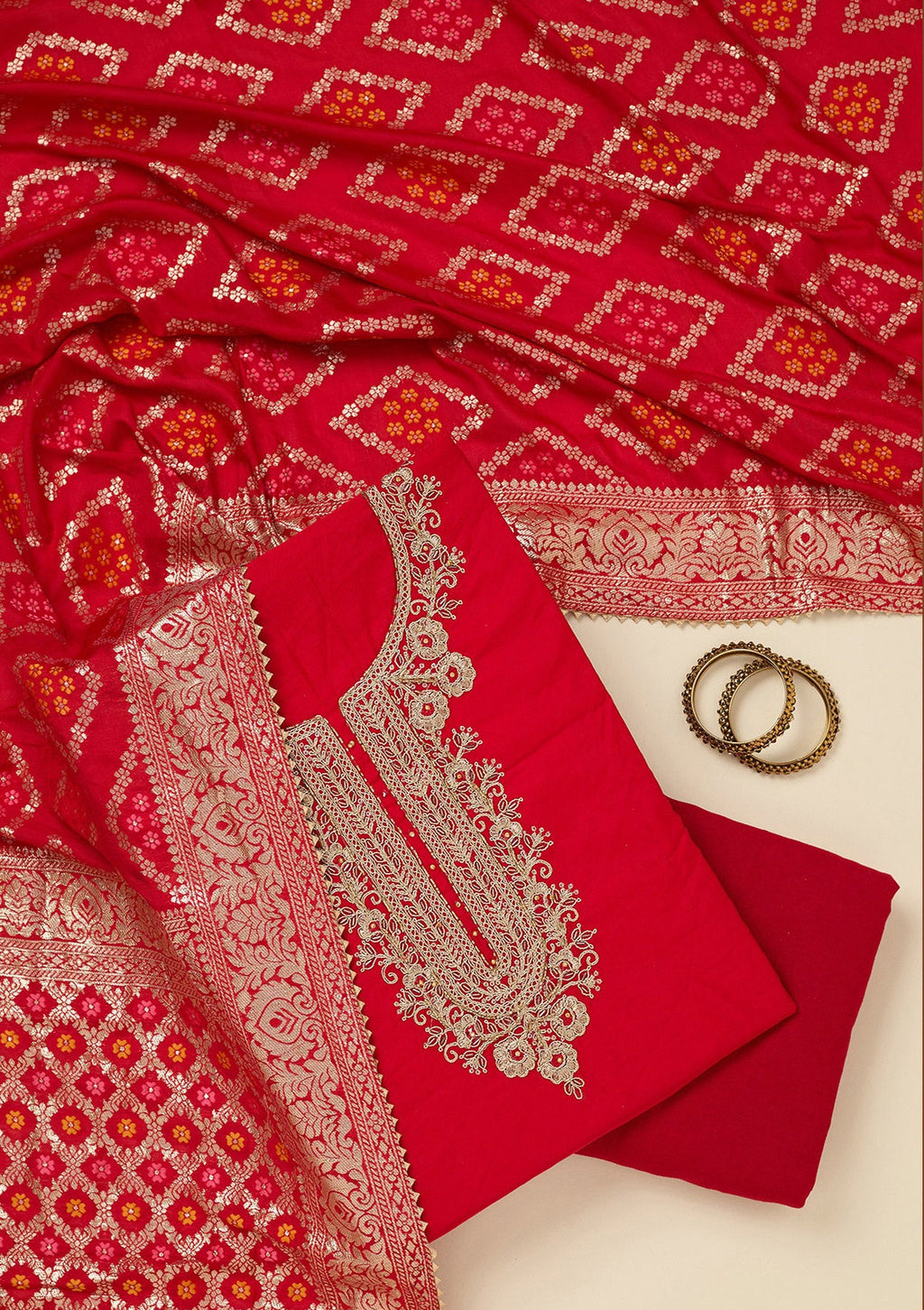 Red Zariwork (Gold) Chanderi Unstitched Salwar Suit