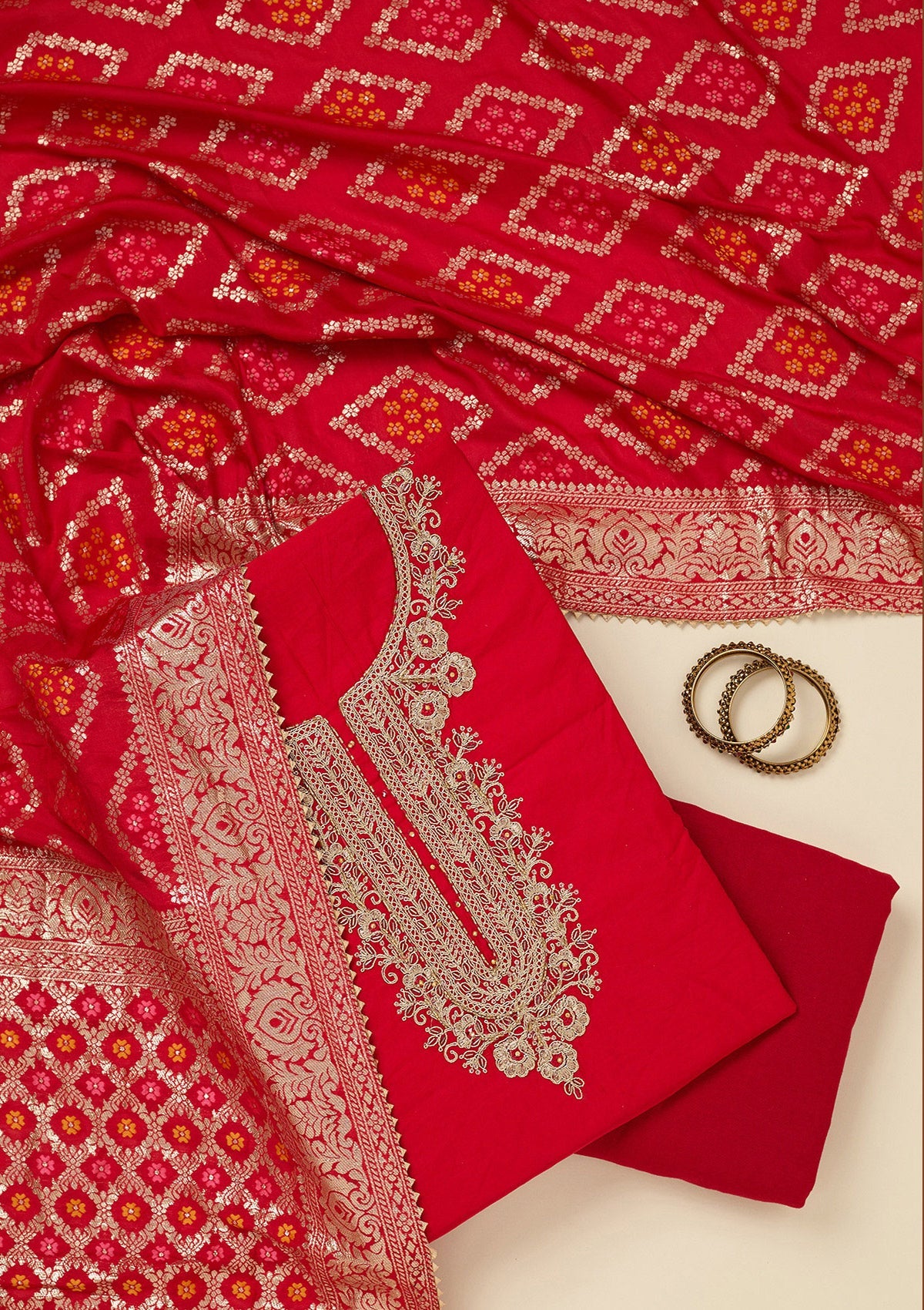 Red Zariwork (Gold) Chanderi Unstitched Salwar Suit