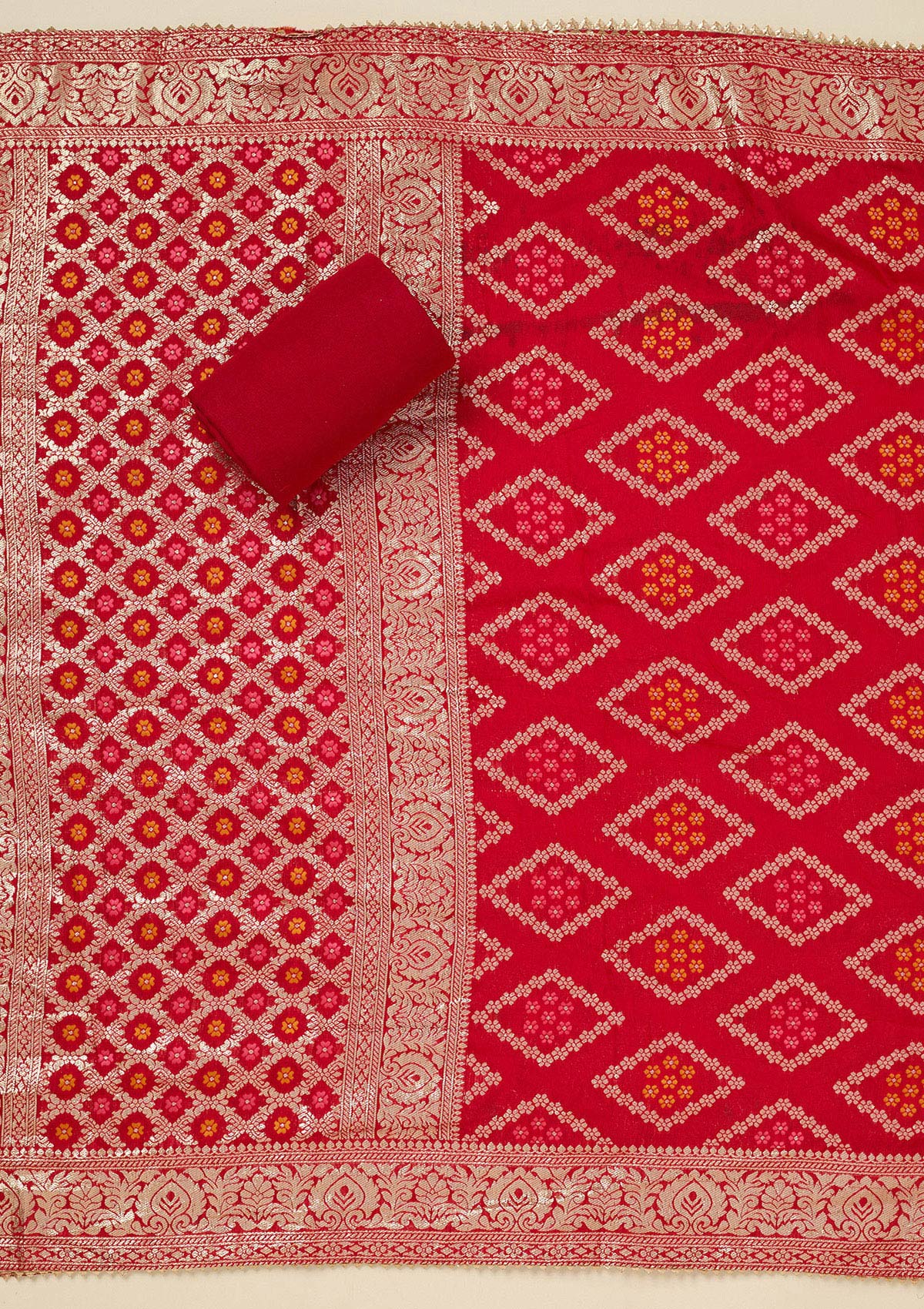 Red Zariwork (Gold) Chanderi Unstitched Salwar Suit