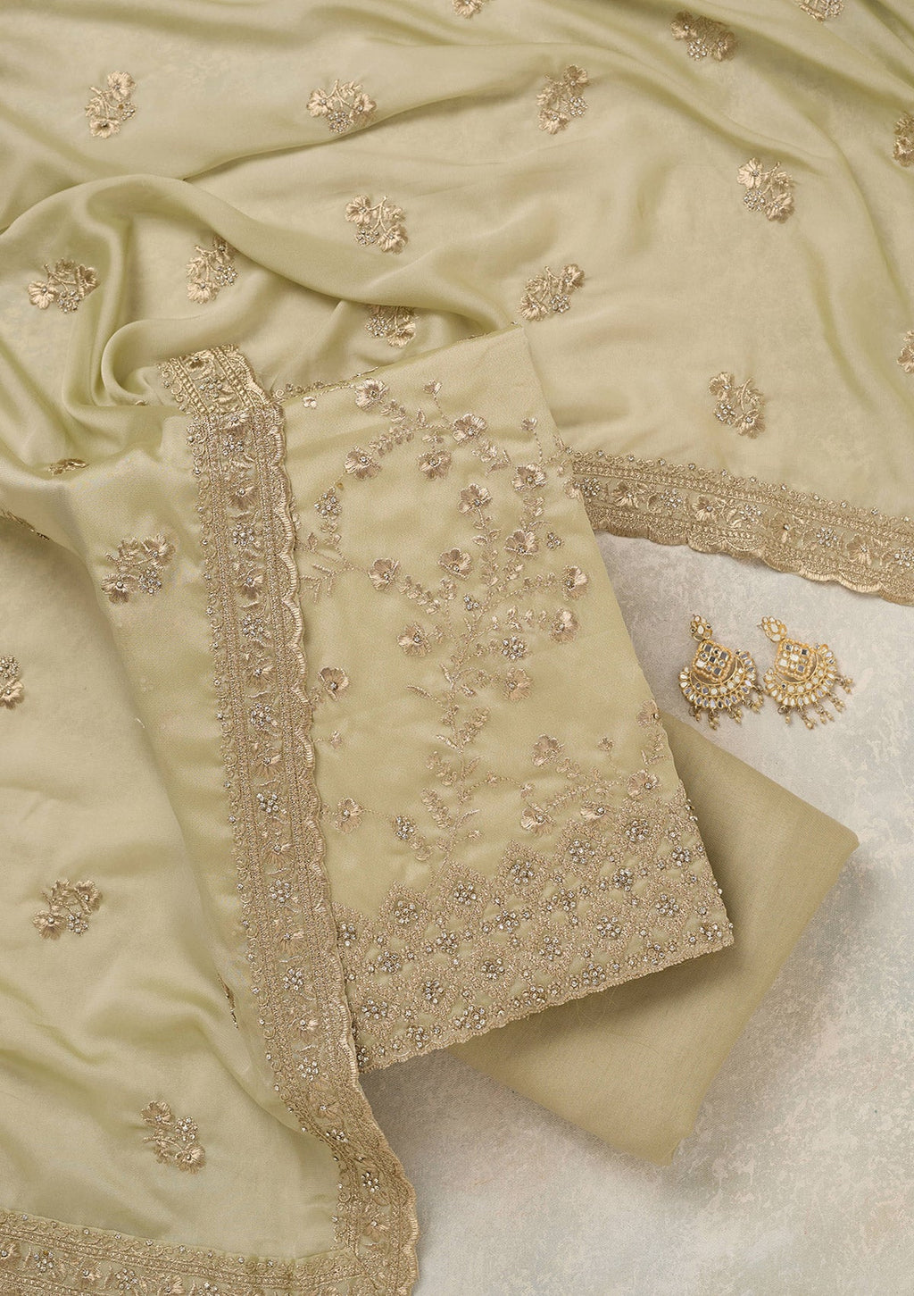 Pista Green Zardozi (Silver) Semi Crepe Unstitched Salwar Suit