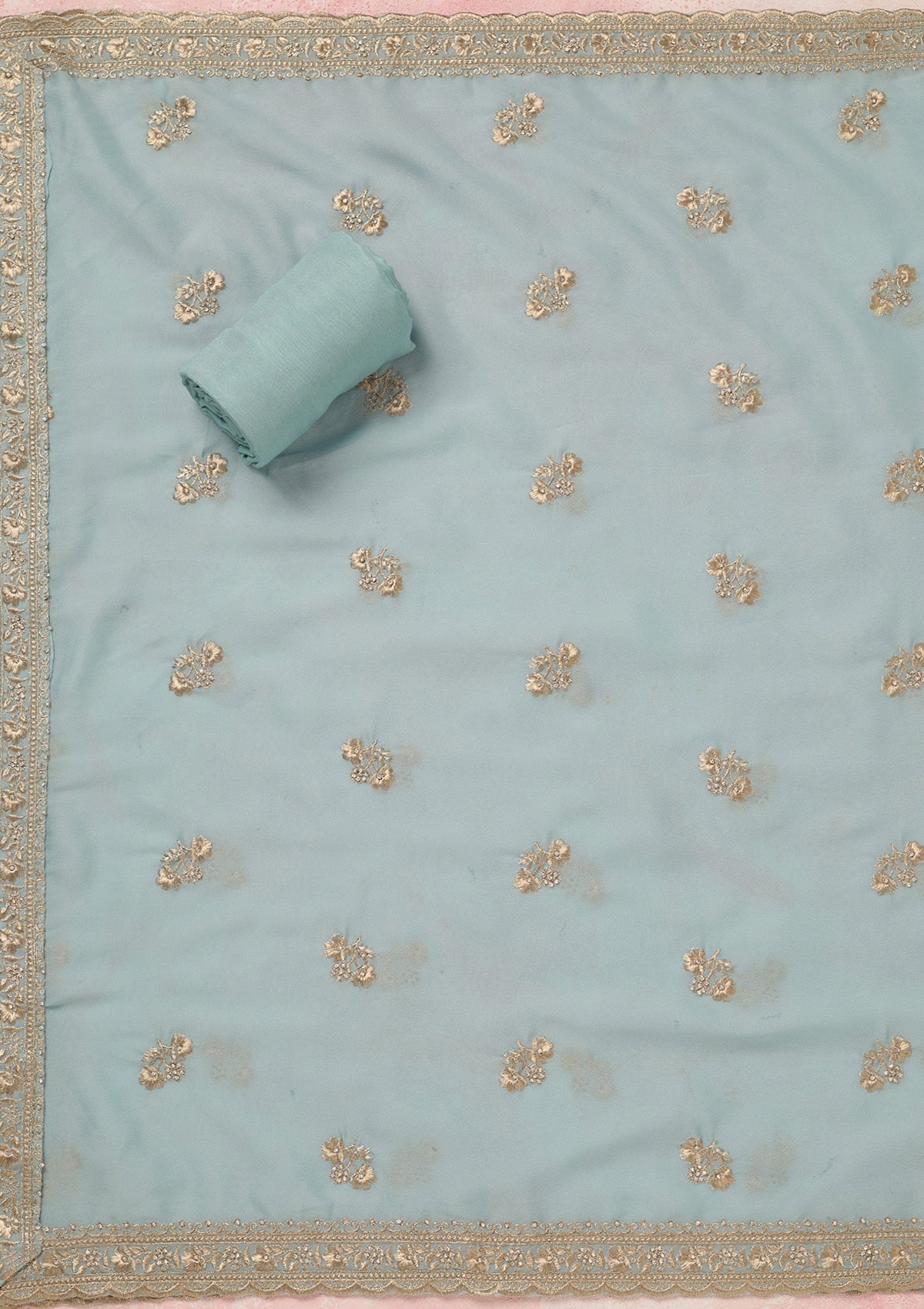 Sky Blue Zardozi (Silver) Semi Crepe Unstitched Salwar Suit