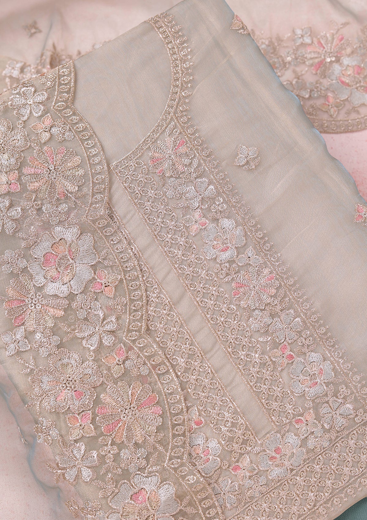 Turquoise Blue Zariwork (Gold) Tissue Unstitched Salwar Suit
