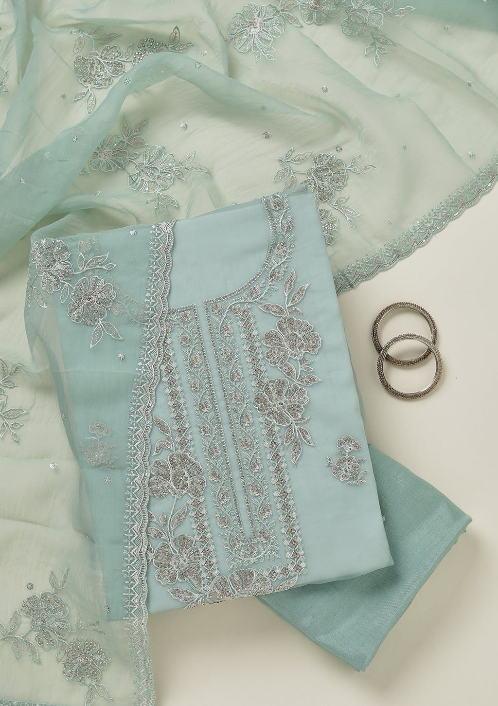 Sea Green Threadwork Tissue Unstitched Salwar Suit