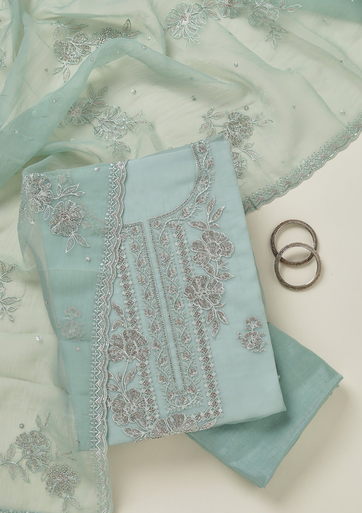 Sea Green Threadwork Tissue Unstitched Salwar Suit