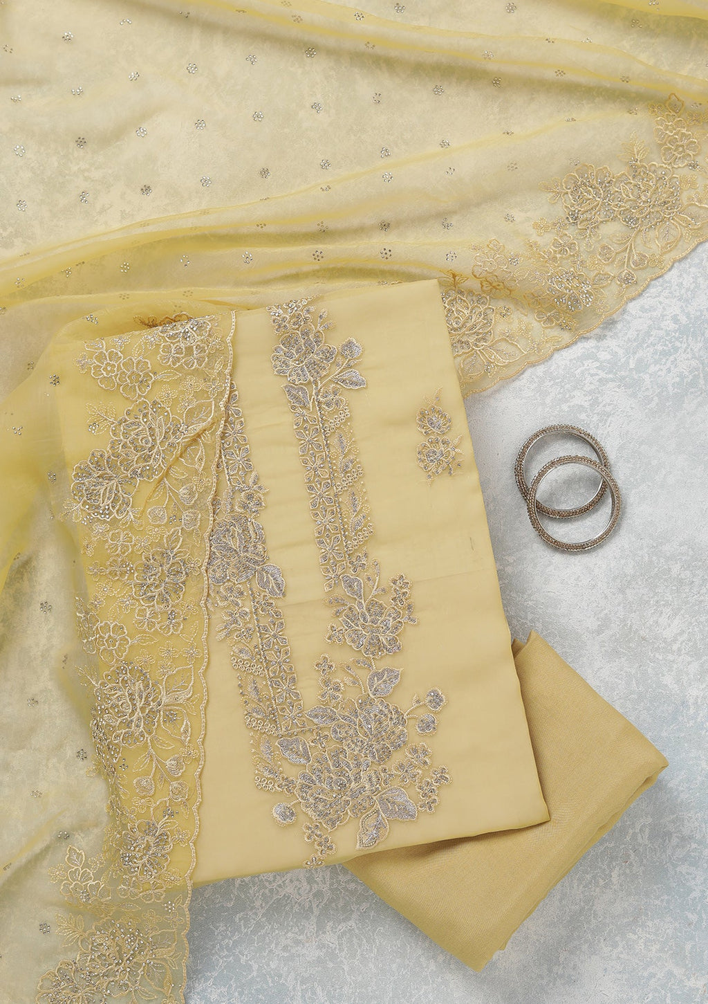 Yellow Threadwork Tissue Unstitched Salwar Suit