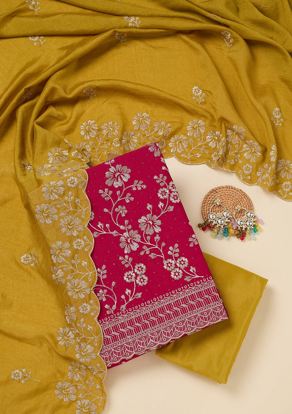 Rani Pink Zariwork (Gold) Soft Raw Silk Unstitched Salwar Suit