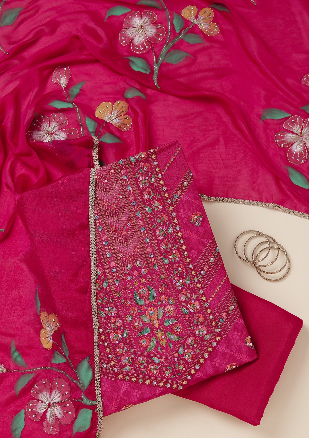 Magenta Pink Zariwork (Gold) Brocade Unstitched Salwar Suit
