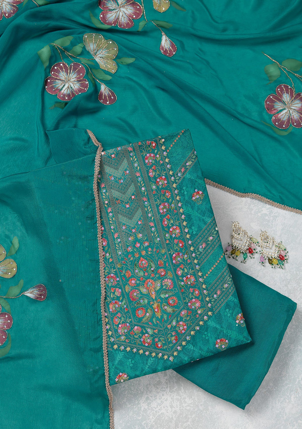 Turquoise Blue Zariwork (Gold) Brocade Unstitched Salwar Suit