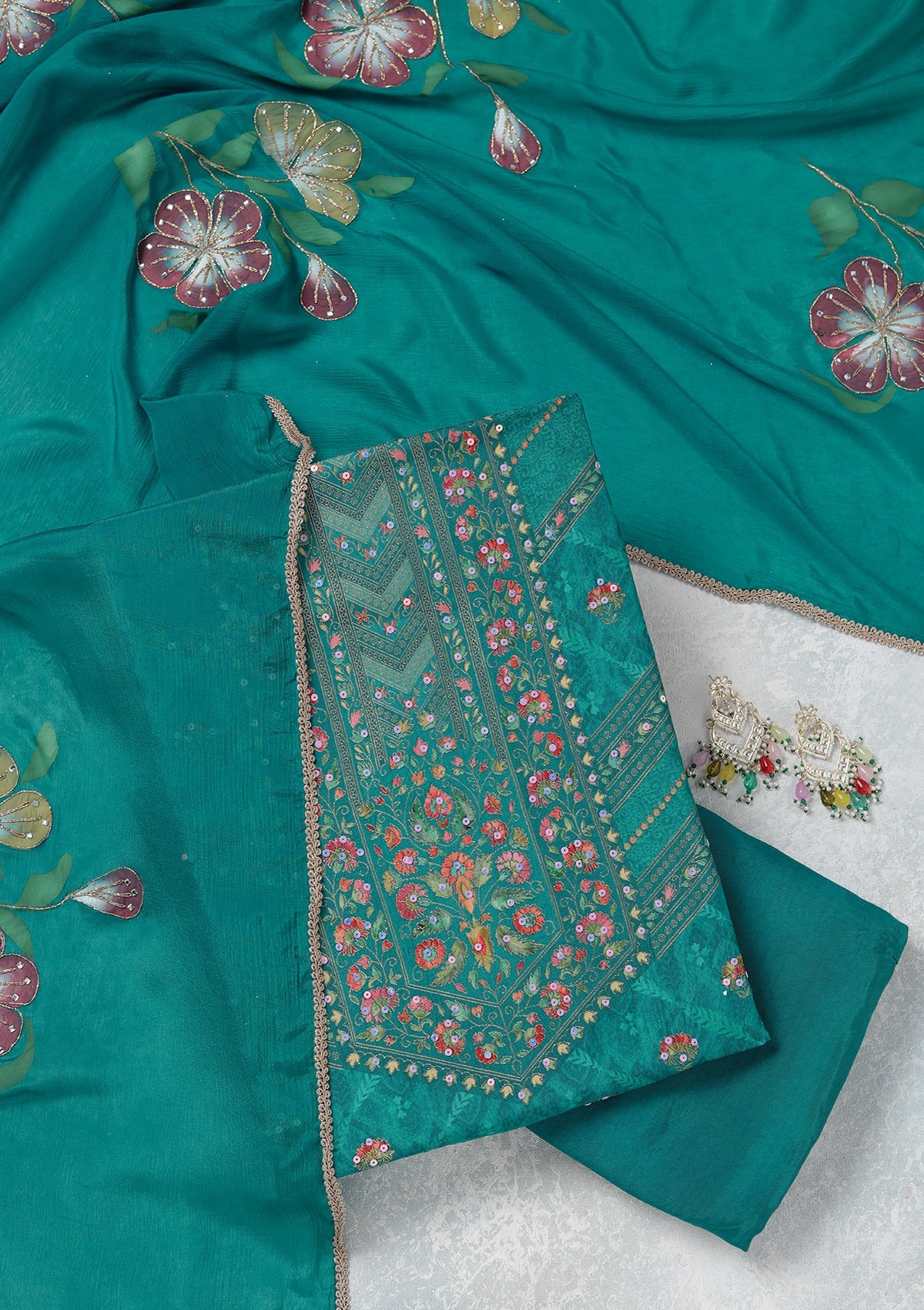 Turquoise Blue Zariwork (Gold) Brocade Unstitched Salwar Suit