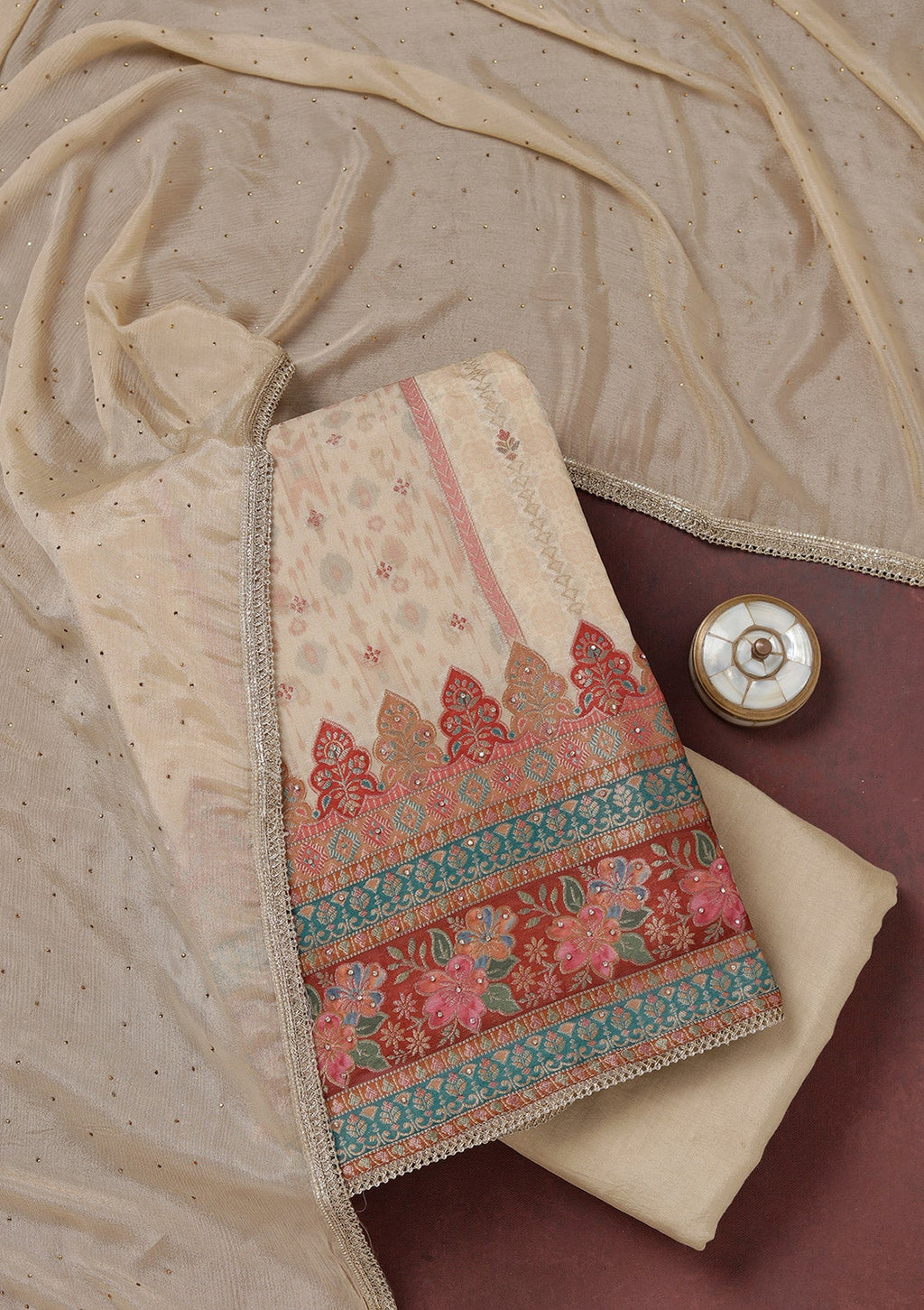 Beige Zariwork (Gold) Organza Unstitched Salwar Suit