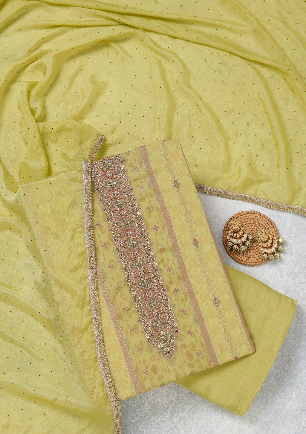 Lemon Yellow Zariwork (Gold) Organza Unstitched Salwar Suit