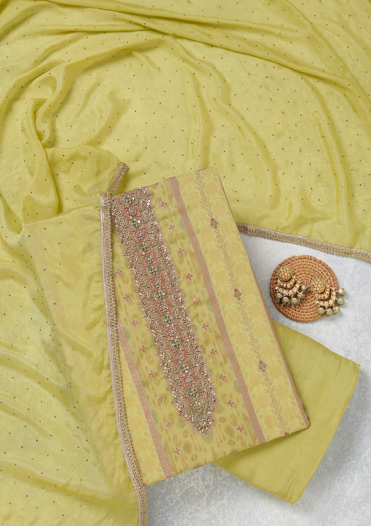 Lemon Yellow Zariwork (Gold) Organza Unstitched Salwar Suit