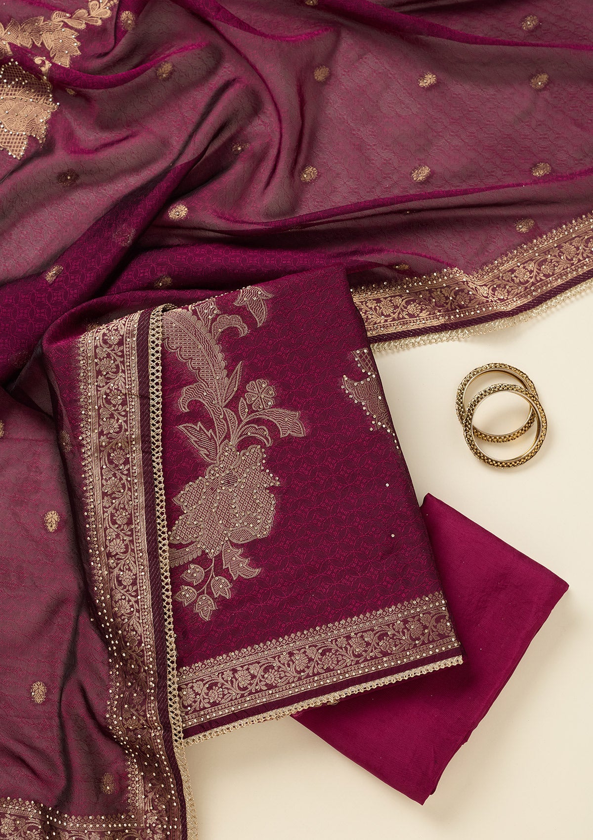 Wine Zariwork (Gold) Dola Silk Unstitched Salwar Suit