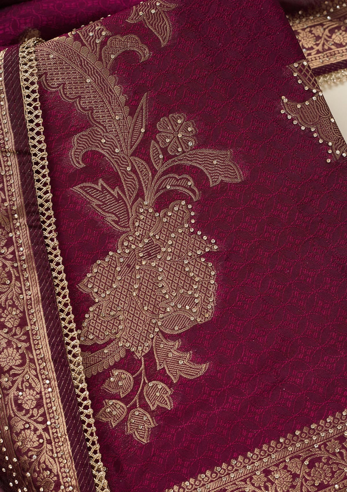 Wine Zariwork (Gold) Dola Silk Unstitched Salwar Suit