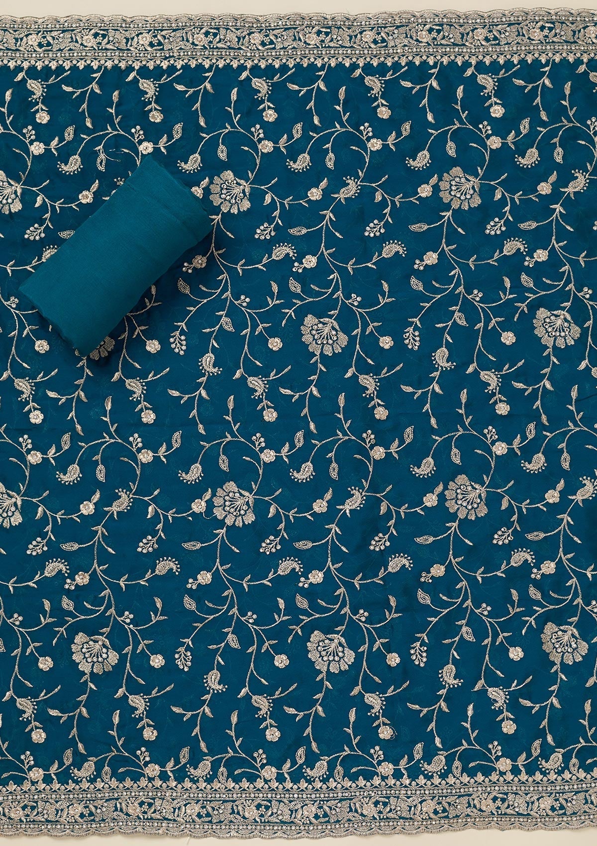 Peacock Blue Zariwork (Silver) Semi Crepe Unstitched Salwar Suit