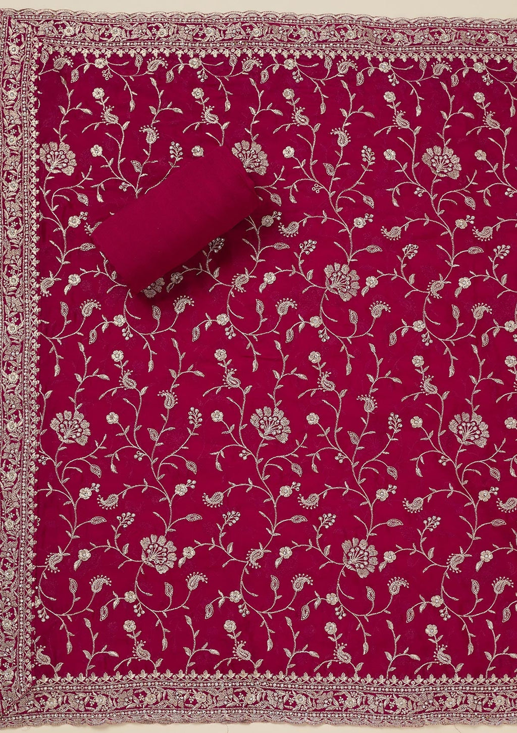 Rani Pink Zariwork (Silver) Semi Crepe Unstitched Salwar Suit
