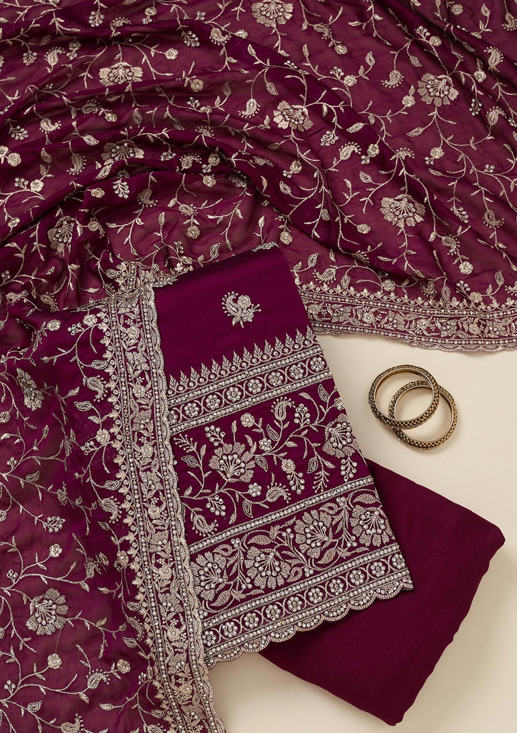 Wine Zariwork (Silver) Semi Crepe Unstitched Salwar Suit