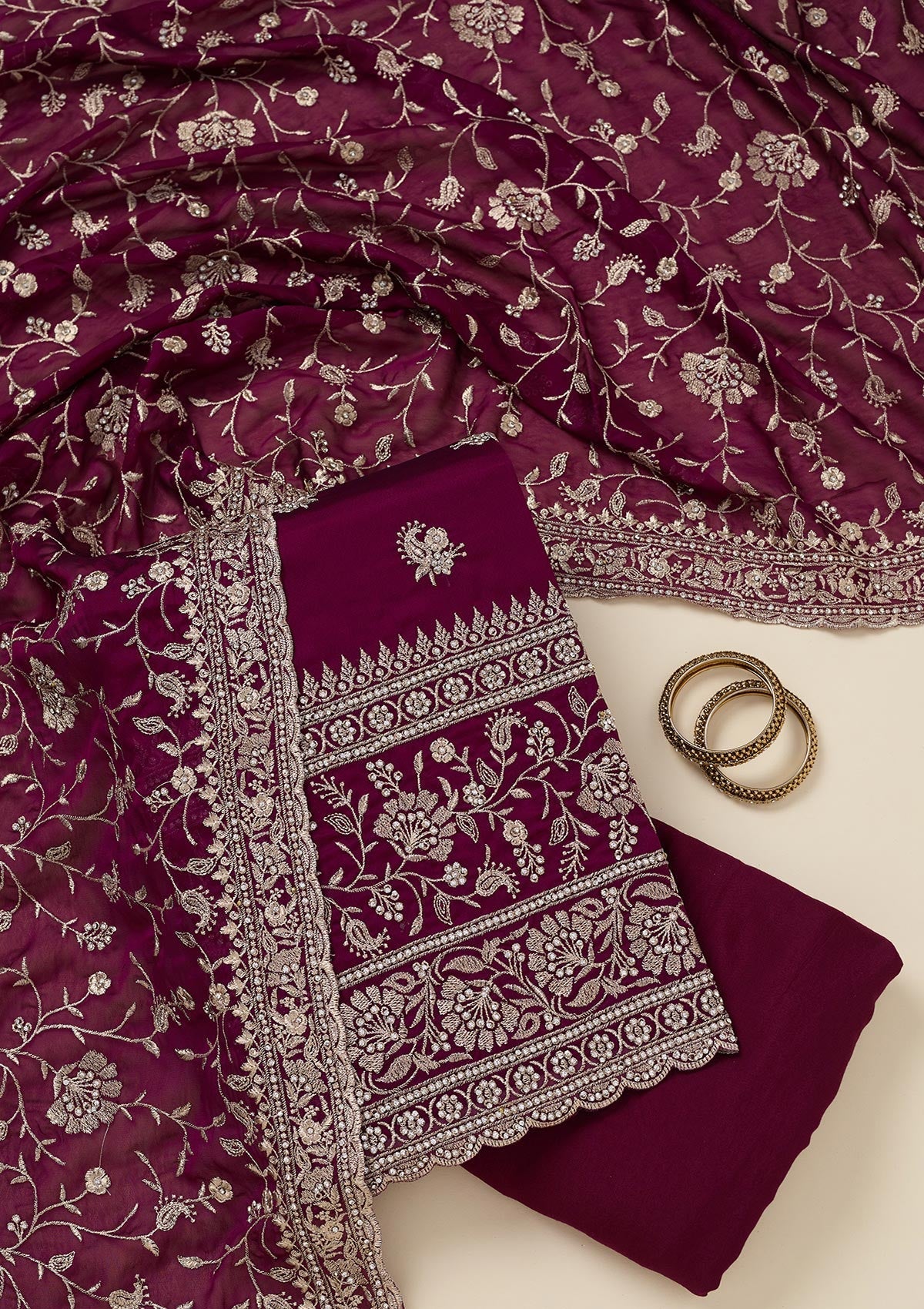 Wine Zariwork (Silver) Semi Crepe Unstitched Salwar Suit