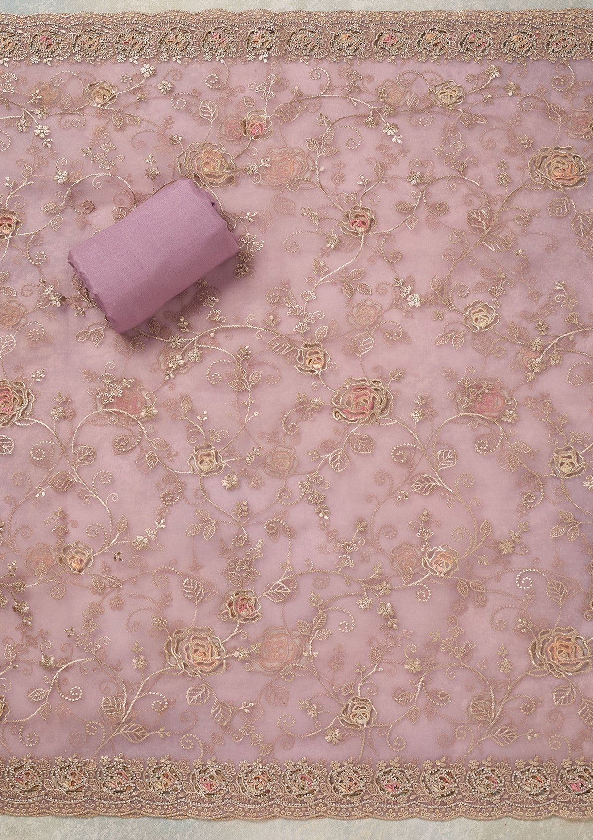 Lavender Zariwork (Gold) Organza Unstitched Salwar Suit