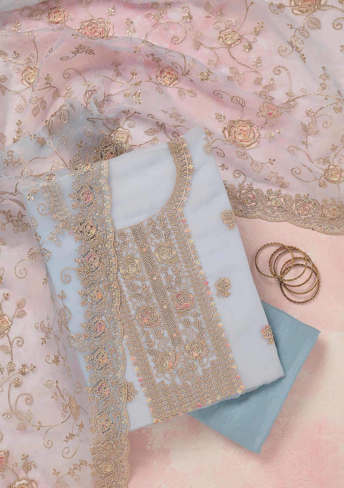Sky Blue Zariwork (Gold) Organza Unstitched Salwar Suit