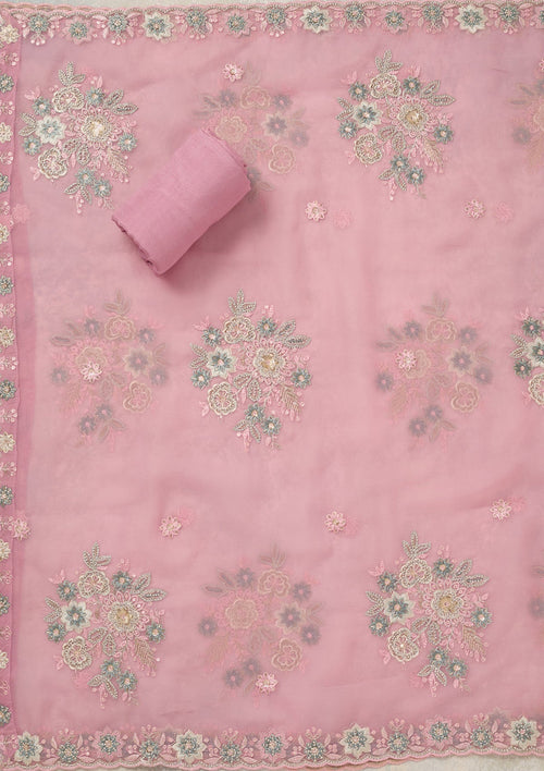 Baby Pink Zariwork (Silver) Organza Unstitched Salwar Suit