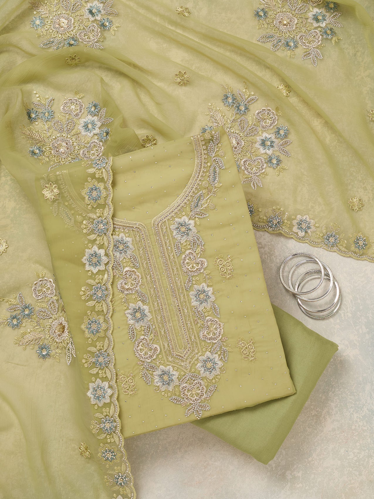 Pista Green Zariwork Organza Unstitched Salwar Suit
