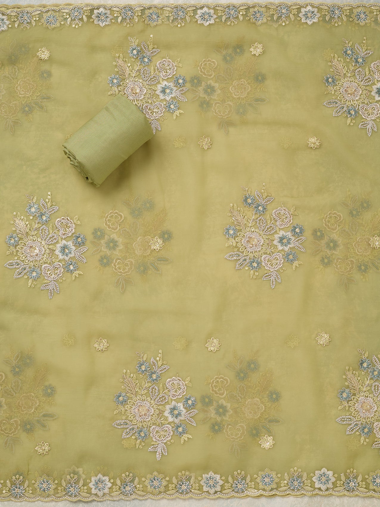 Pista Green Zariwork Organza Unstitched Salwar Suit