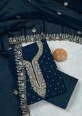 Peacock Blue Zariwork (Gold) Soft Raw Silk Unstitched Salwar Suit