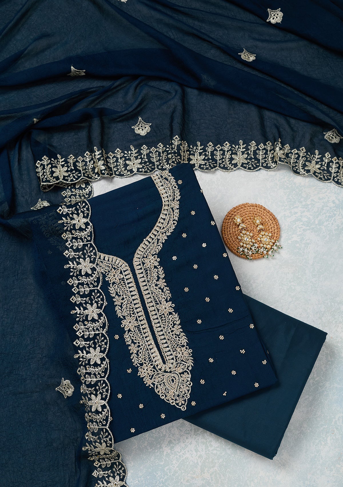 Peacock Blue Zariwork (Gold) Soft Raw Silk Unstitched Salwar Suit