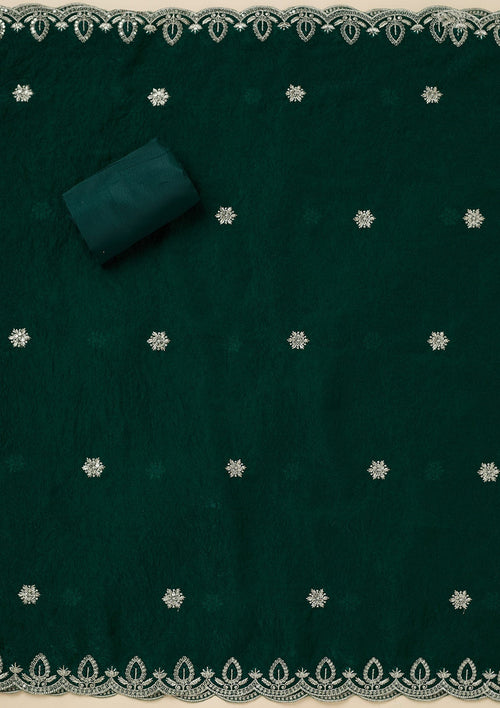 Bottle Green Cutdana Soft Raw Silk Unstitched Salwar Suit