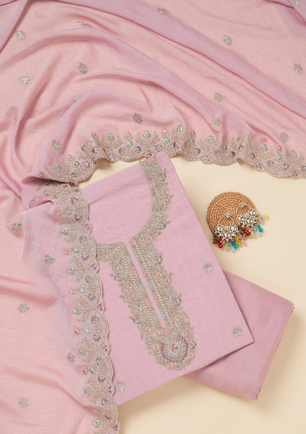 Pink Zariwork (Gold) Chinon Unstitched Salwar Suit