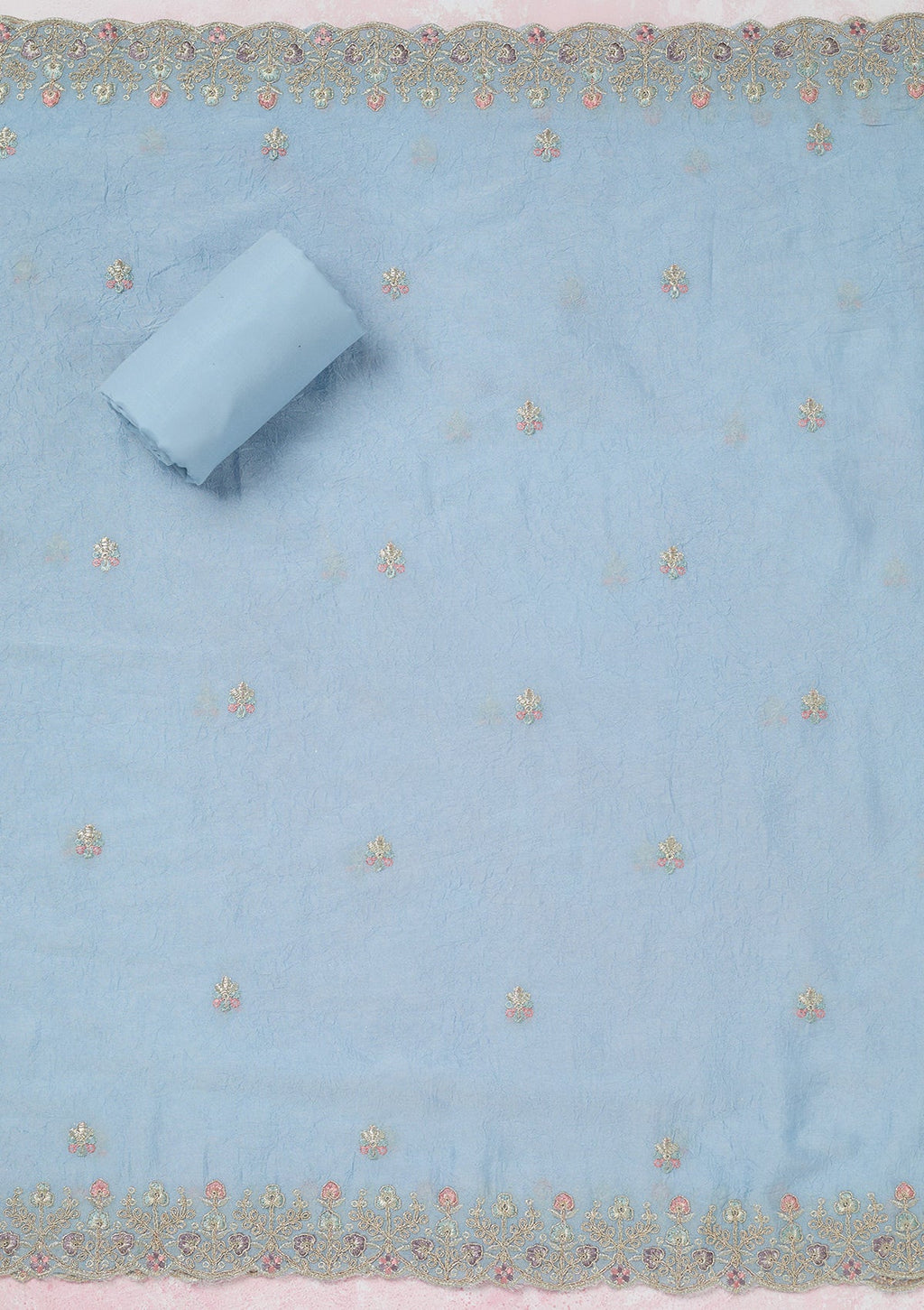 Sky Blue Zariwork (Gold) Chinon Unstitched Salwar Suit