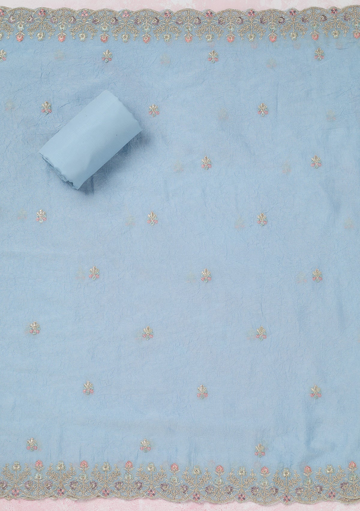 Sky Blue Zariwork (Gold) Chinon Unstitched Salwar Suit
