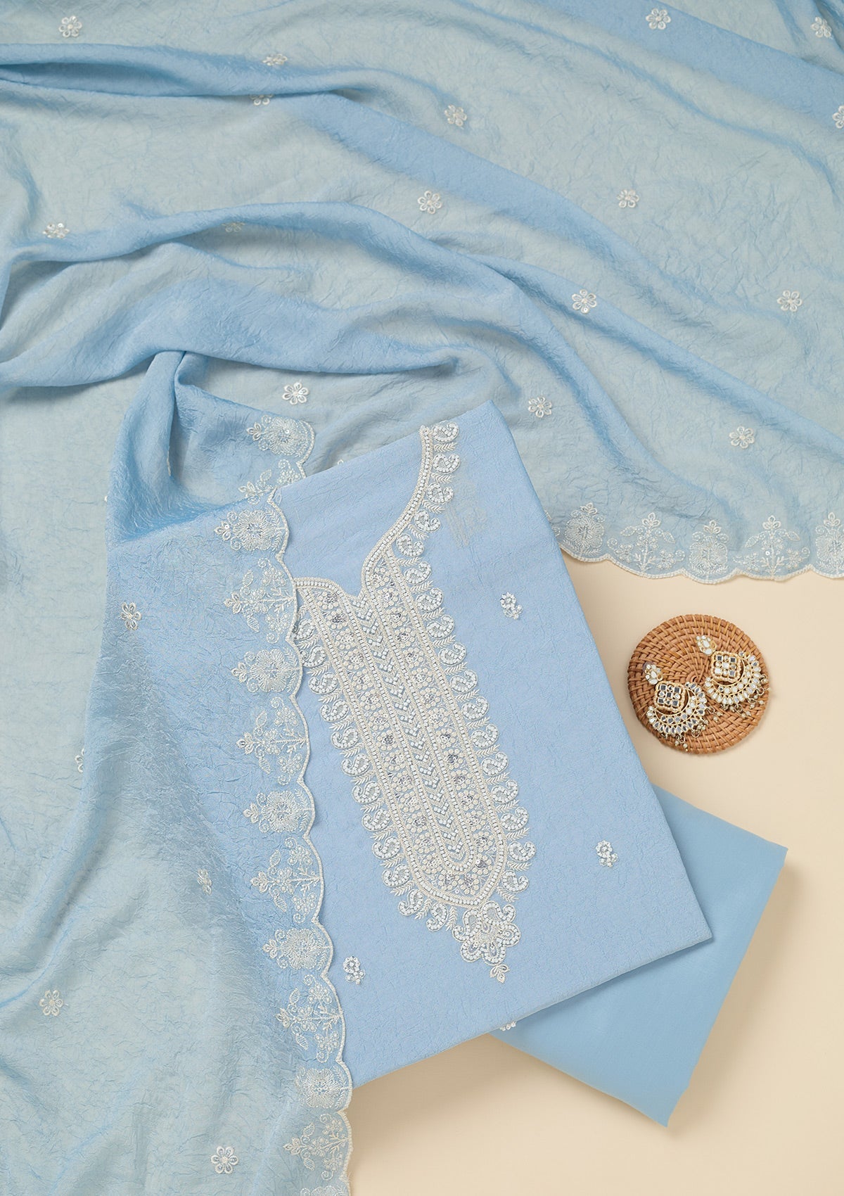 Sky Blue Pearlwork Soft Raw Silk Unstitched Salwar Suit