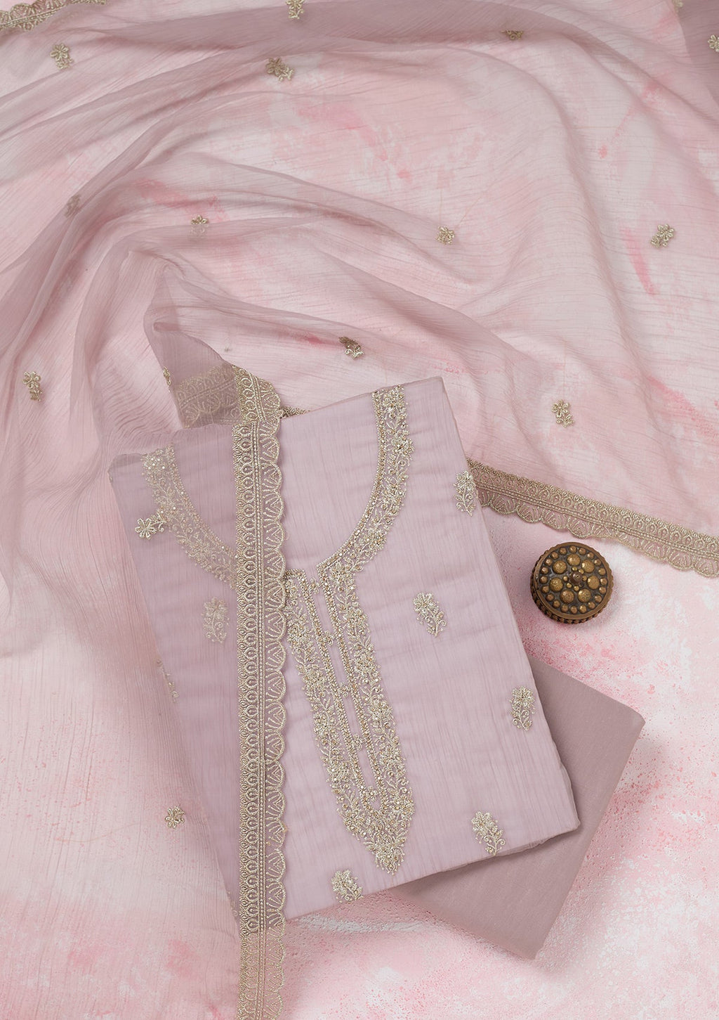 Lavender Zariwork (Gold) Chiffon Unstitched Salwar Suit