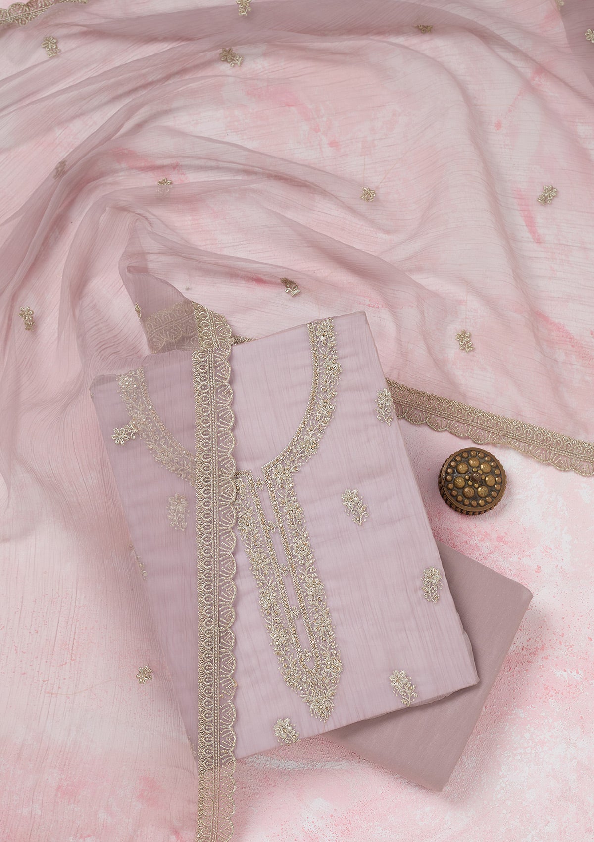 Lavender Zariwork (Gold) Chiffon Unstitched Salwar Suit