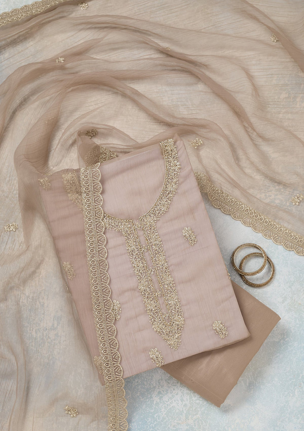 Light Brown Zariwork (Gold) Chiffon Unstitched Salwar Suit