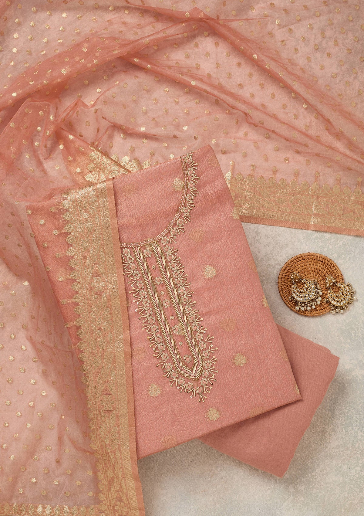 Peach Pearlwork Tissue Unstitched Salwar Suit