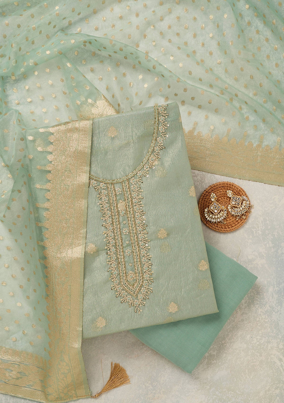 Sea Green Pearlwork Tissue Unstitched Salwar Suit