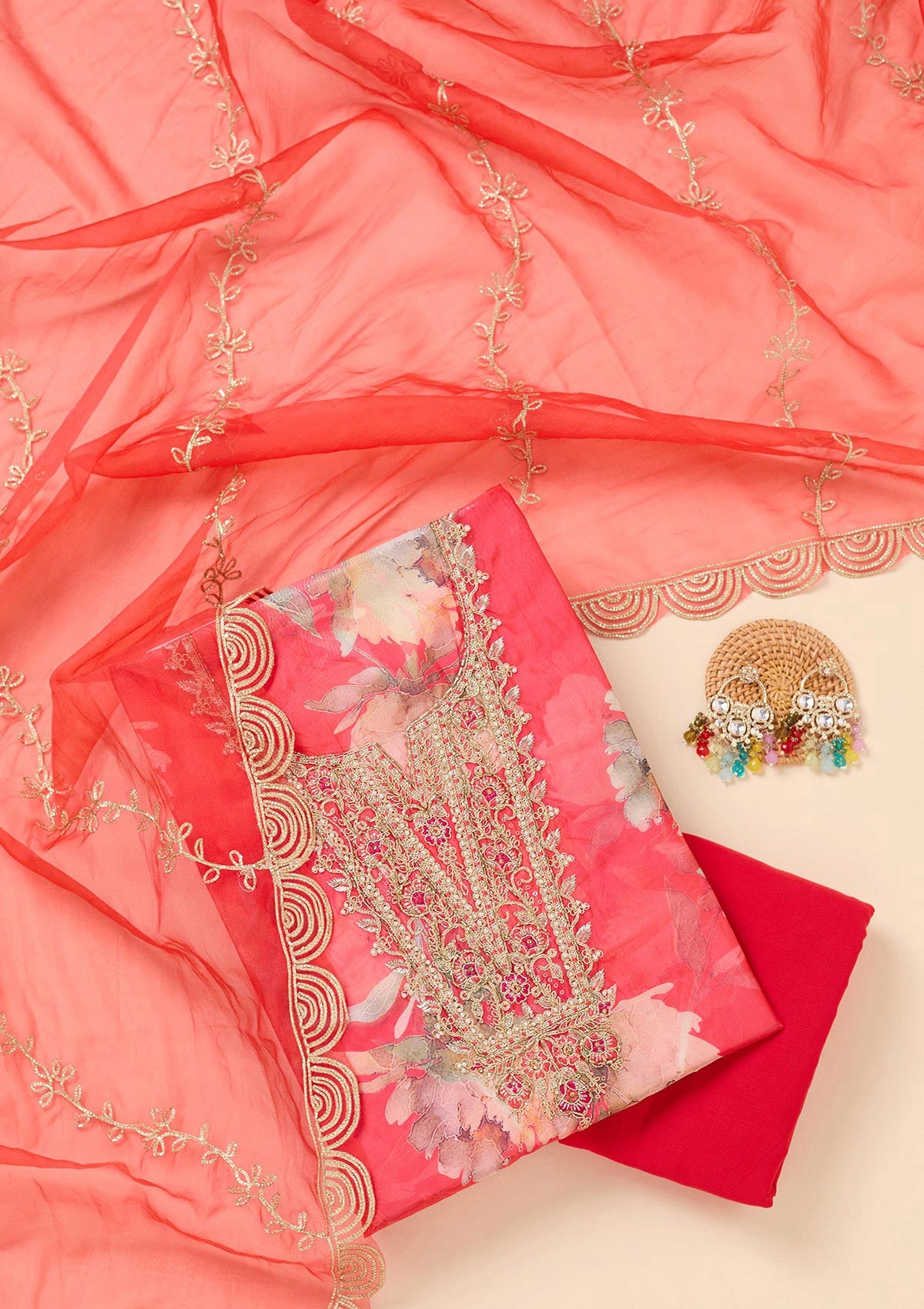 Red Zariwork (Gold) Organza Unstitched Salwar Suit