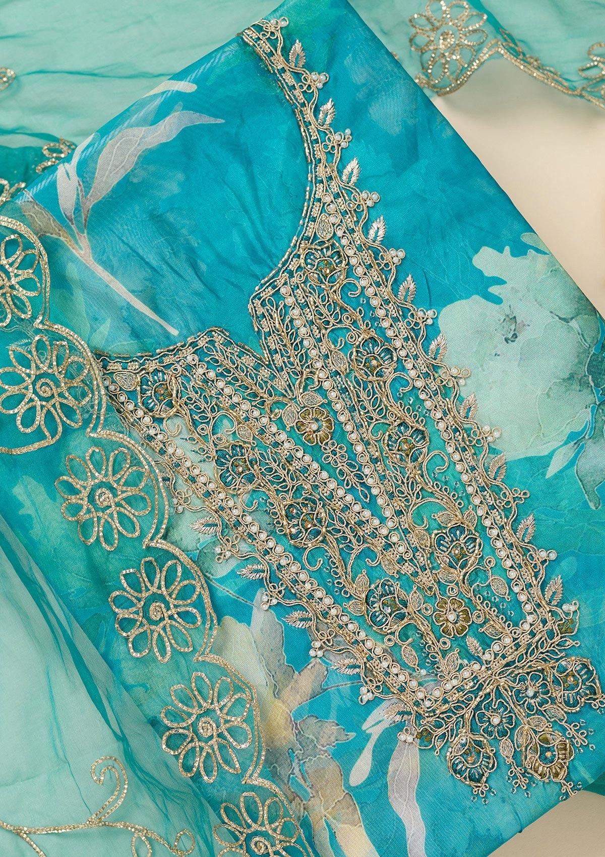 Turquoise Blue Zariwork (Gold) Organza Unstitched Salwar Suit