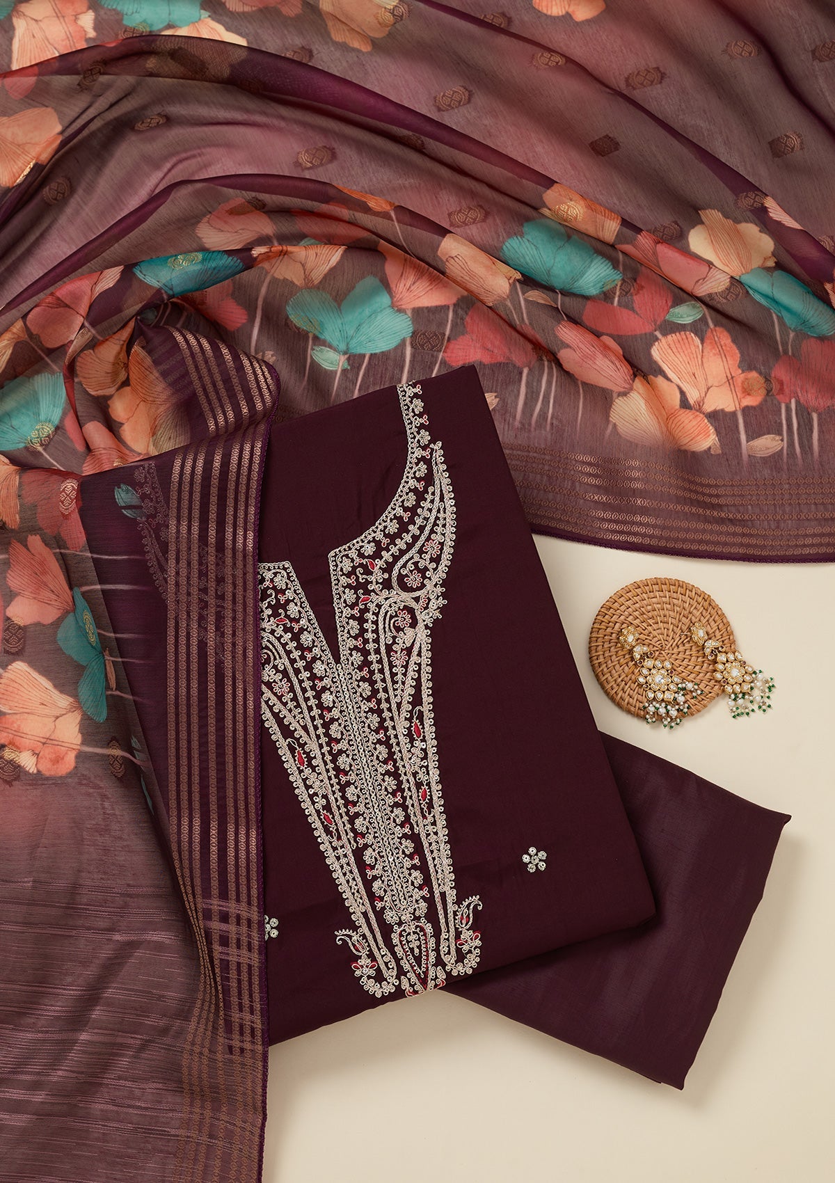 Wine Zariwork (Gold) Dola Silk Unstitched Salwar Suit