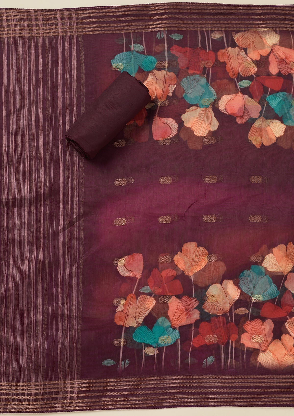 Wine Zariwork (Gold) Dola Silk Unstitched Salwar Suit